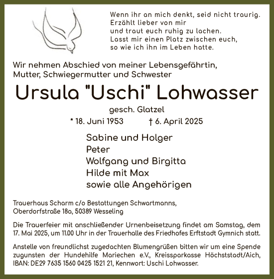Todesanzeige von Ursula Lohwasser von OF