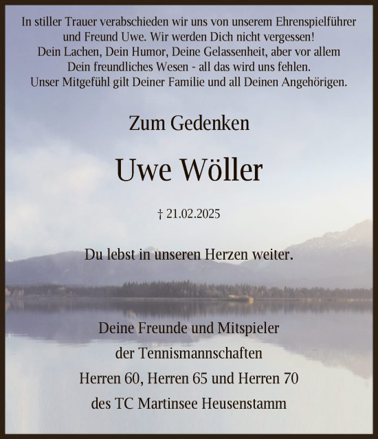 Todesanzeige von Uwe Wöller von OF