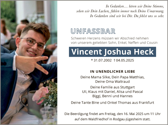 Todesanzeige von Vincent Joshua Heck von OF