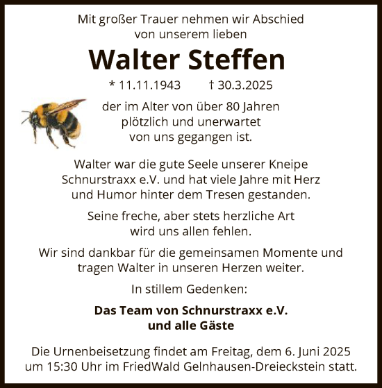 Todesanzeige von Walter Steffen von OFHA