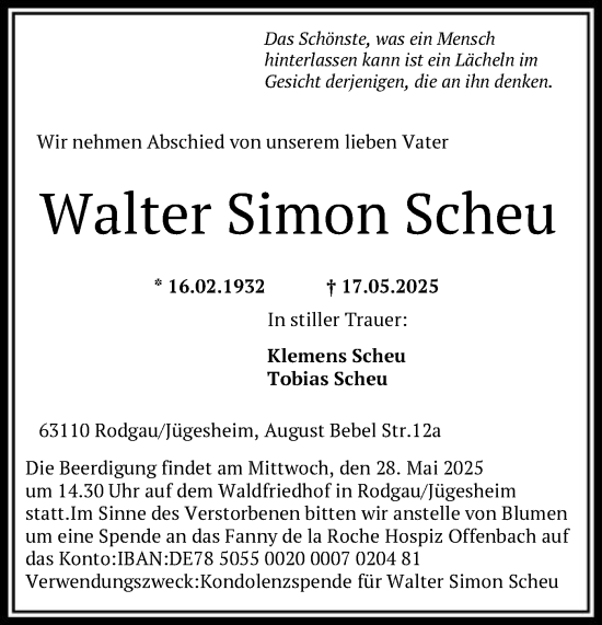 Todesanzeige von Walter Simon Scheu von OFOP