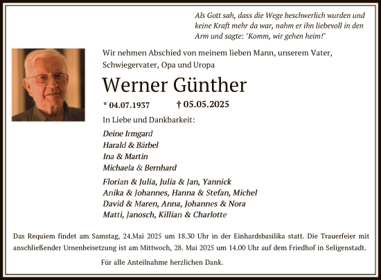 Todesanzeige von Werner Günther von OF
