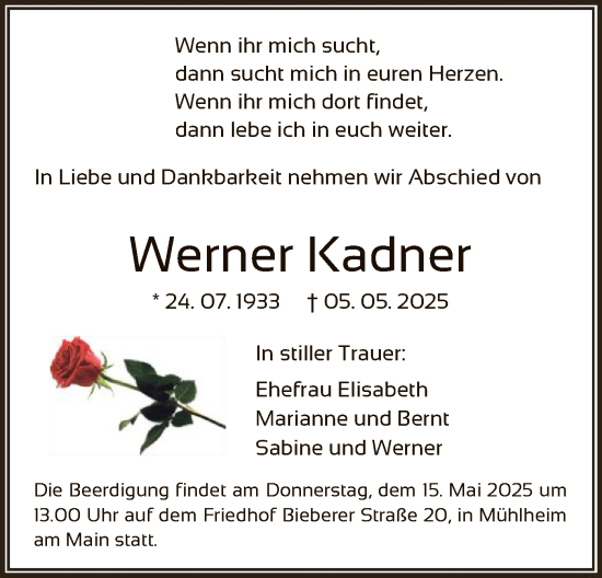 Todesanzeige von Werner Kadner von OF