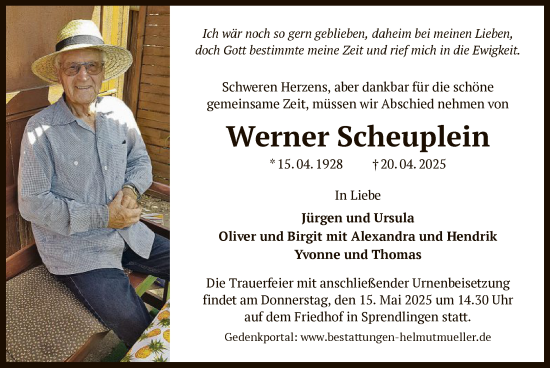 Todesanzeige von Werner Scheuplein von OF