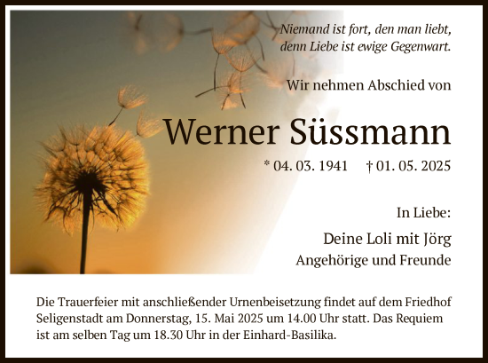 Todesanzeige von Werner Süssmann von OF