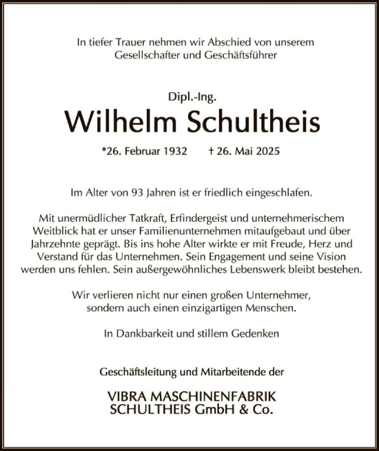 Todesanzeige von Wilhelm Schultheis von OFOP
