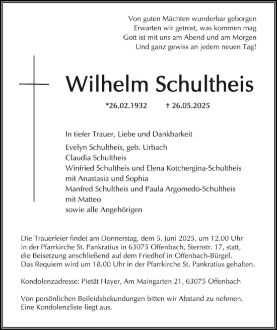 Todesanzeige von Wilhelm Schultheis von OFOP