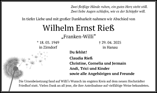 Todesanzeige von Wilhelm Ernst Rieß von OF