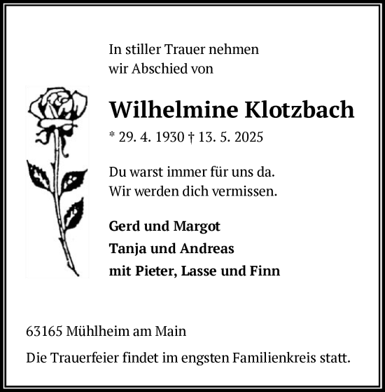 Todesanzeige von Wilhelmine Klotzbach von OFOP