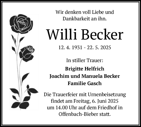Todesanzeige von Willi Becker von OFOP