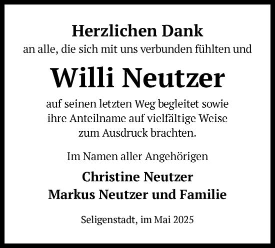 Todesanzeige von Willi Neutzer von OF