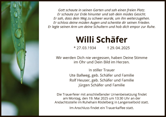 Todesanzeige von Willi Schäfer von OF