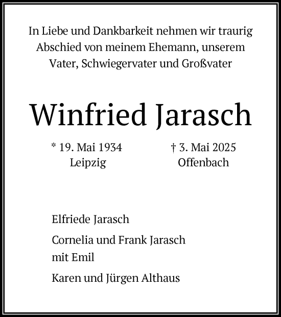 Todesanzeige von Winfried Jarasch von OF