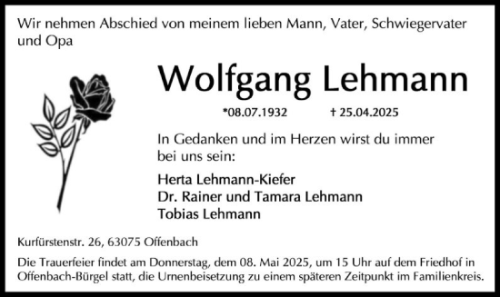 Todesanzeige von Wolfgang Lehmann von OF