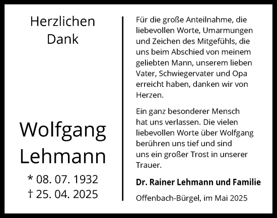 Todesanzeige von Wolfgang Lehmann von OFOP