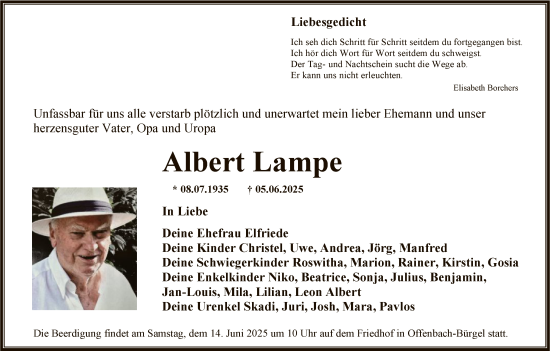 Todesanzeige von Albert Lampe von OFOP