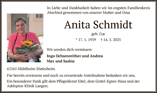 Todesanzeige von Anita Schmidt von OFOP