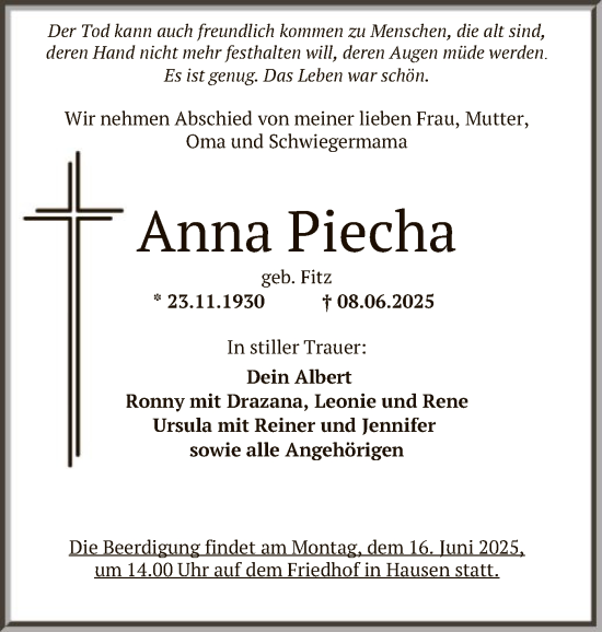 Todesanzeige von Anna Piecha von OF0T