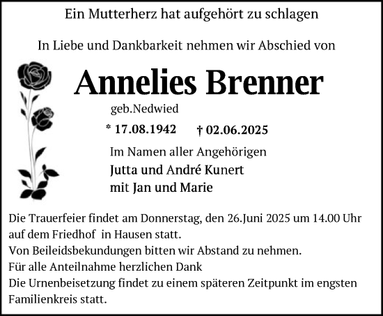Todesanzeige von Annelies Brenner von OFOP