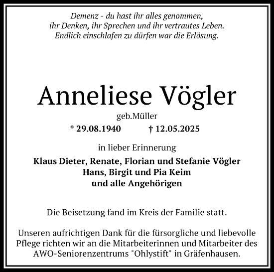 Todesanzeige von Anneliese Vögler von OFOP