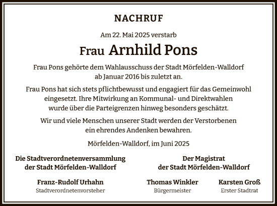 Todesanzeige von Arnhild Pons von OFMF