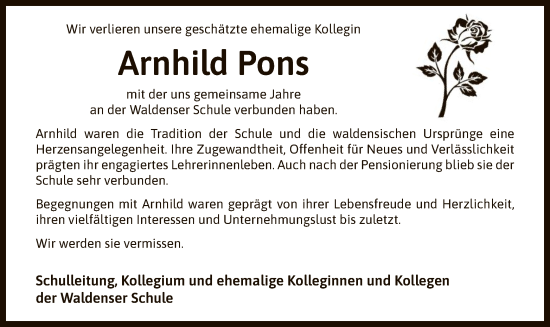 Todesanzeige von Arnhild Pons von OFMF