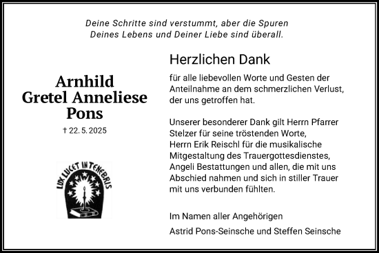 Todesanzeige von Arnhild Gretel Anneliese Pons von OFMF
