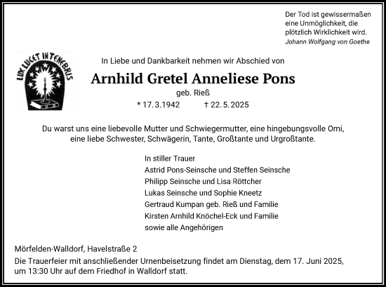 Todesanzeige von Arnhild Gretel Anneliese Pons von OFMF