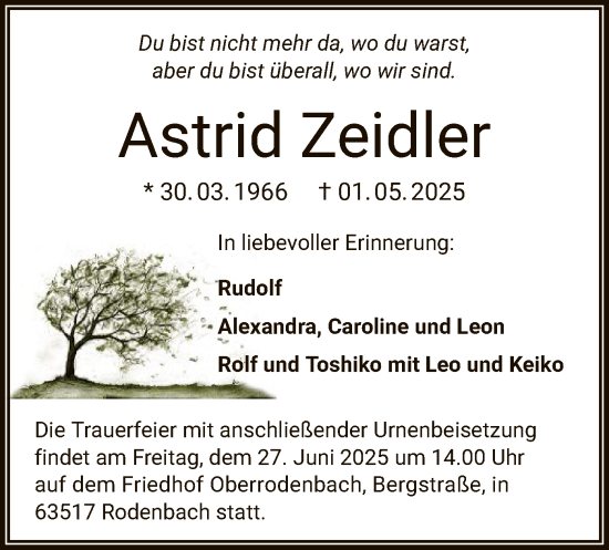 Todesanzeige von Astrid Zeidler von OFOP