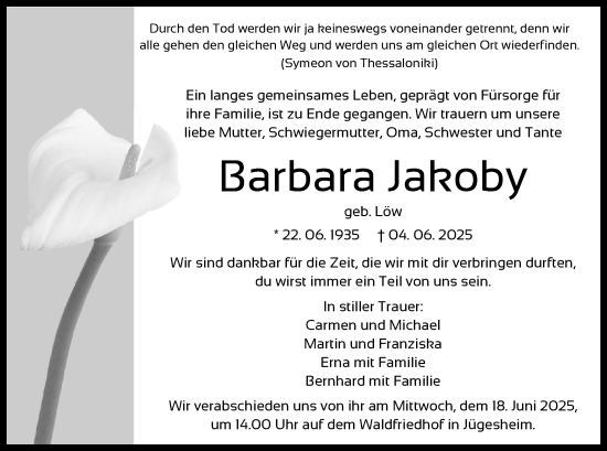Todesanzeige von Barbara Jakoby von OFOP