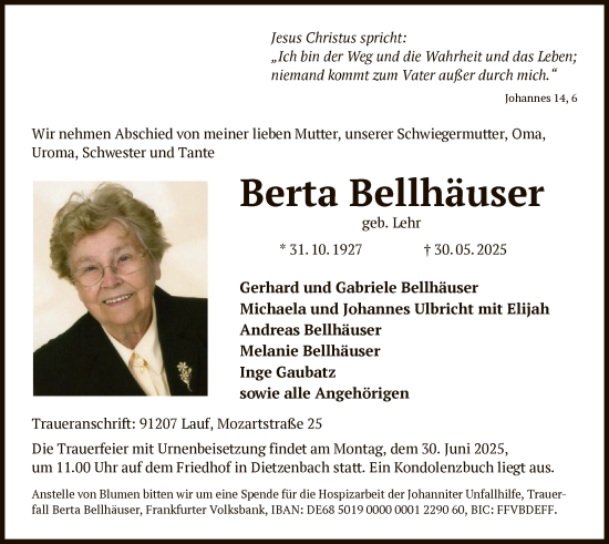 Todesanzeige von Berta Bellhäuser von OFOP