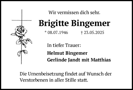 Todesanzeige von Brigitte Bingemer von BOWO