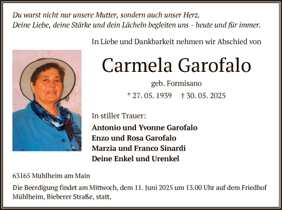 Todesanzeige von Carmela Garofalo von OF0T