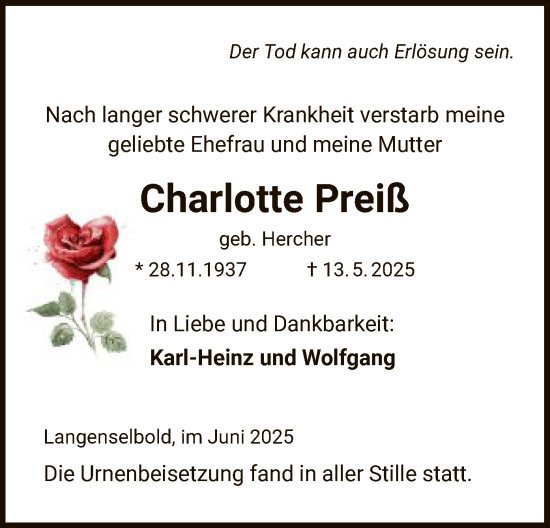 Todesanzeige von Charlotte Preil von OFHA