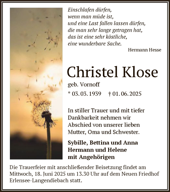 Todesanzeige von Christel Klose von OFHA