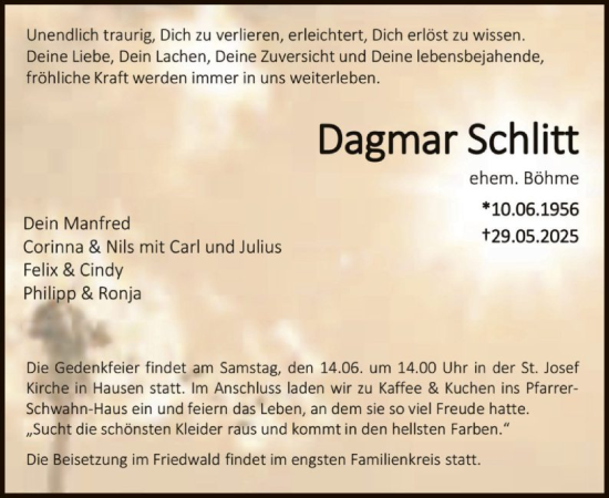 Todesanzeige von Dagmar Schlitt von OFOP