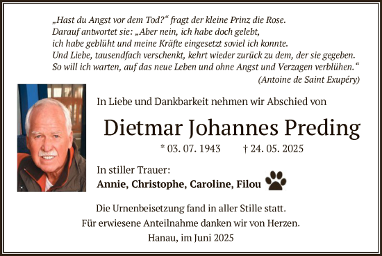 Todesanzeige von Dietmar Johannes Preding von OFHA