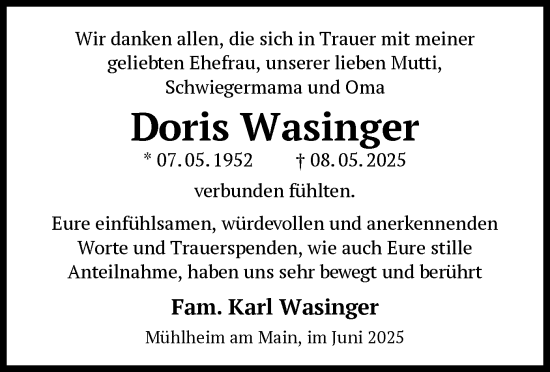 Todesanzeige von Doris Wasinger von OFOP