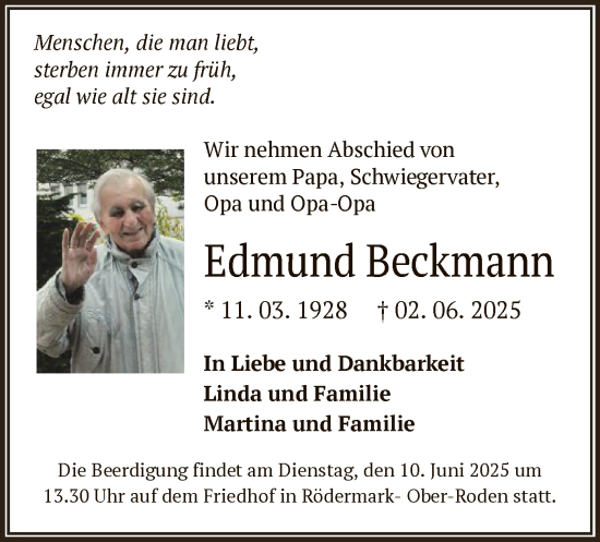 Todesanzeige von Edmund Beckmann von OF0L