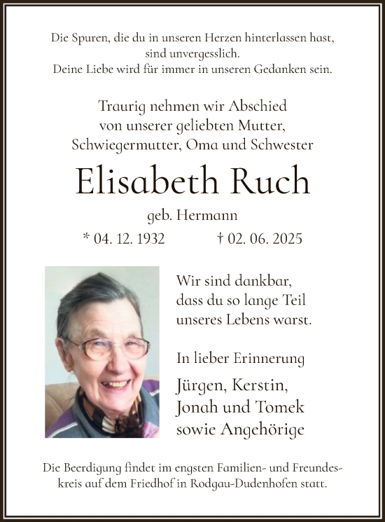 Todesanzeige von Elisabeth Ruch von OF0L