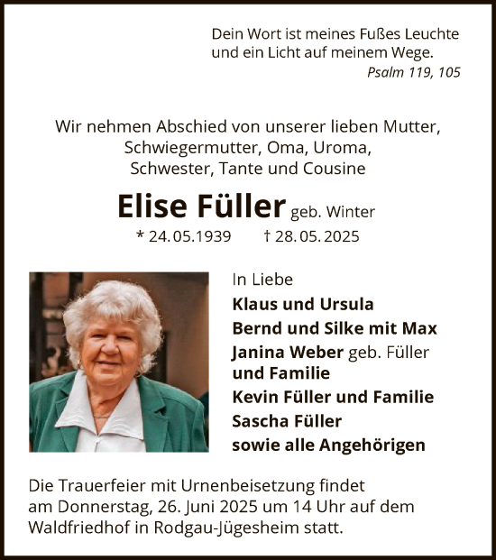 Todesanzeige von Elise Füller von OFOP