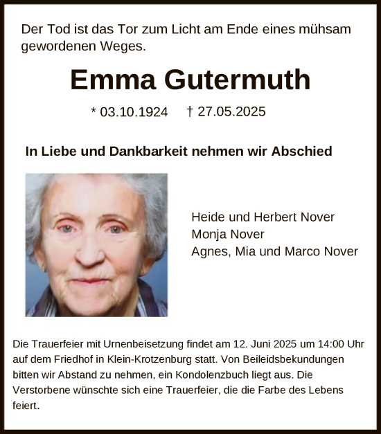 Todesanzeige von Emma Gutermuth von OFOP