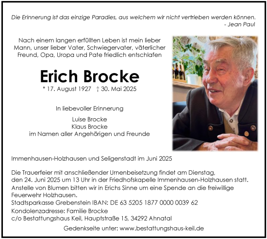 Todesanzeige von Erich Brocke von OFOP