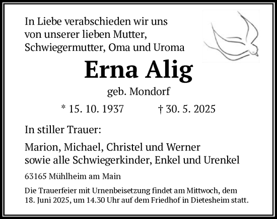 Todesanzeige von Erna Alig von OFOP