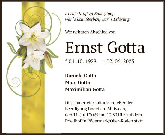 Todesanzeige von Ernst Gotta von OFOP