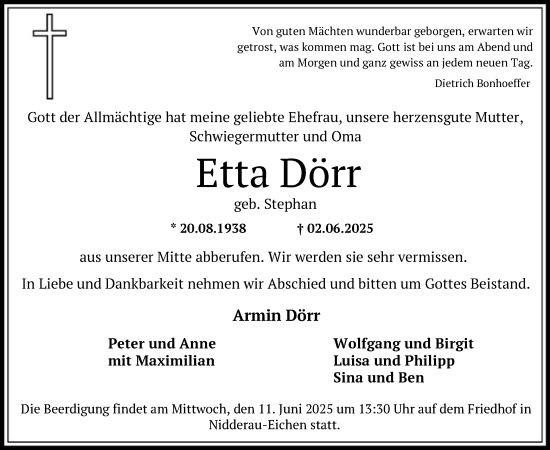 Todesanzeige von Etta Dörr von OFHA