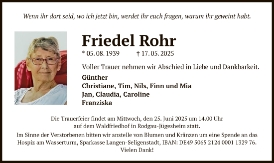 Todesanzeige von Friedel Rohr von OF0L