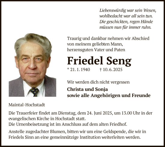 Todesanzeige von Friedel Seng von OFHA