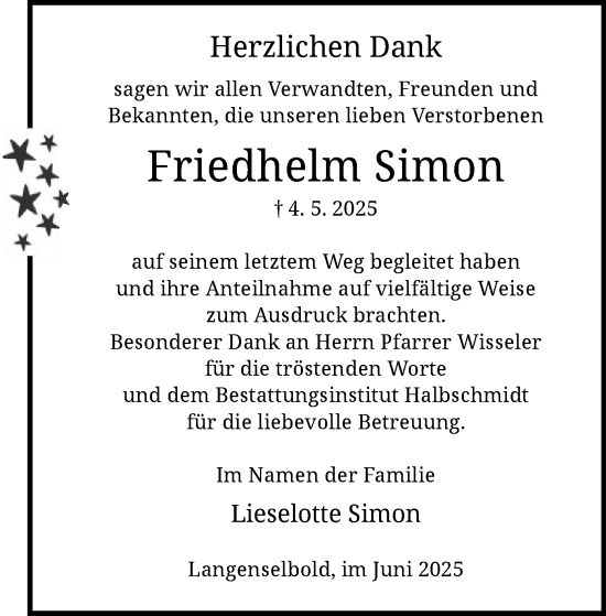 Todesanzeige von Friedhelm Simon von OFHA
