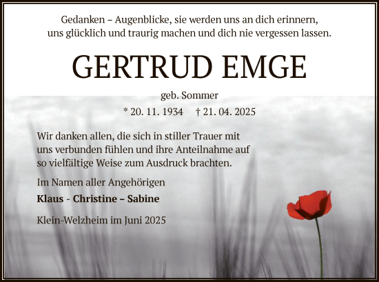 Todesanzeige von Gertrud Emge von OFOP